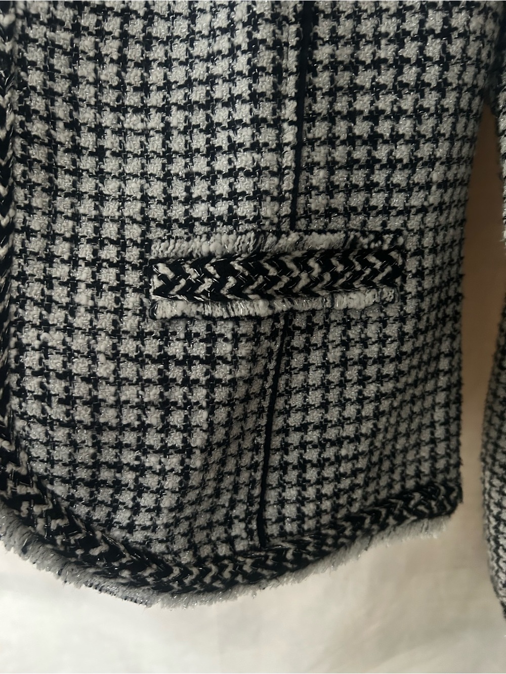 Black & White Tweed Collarless Jacket with Frayed edge detailing - Picture 5 of 17